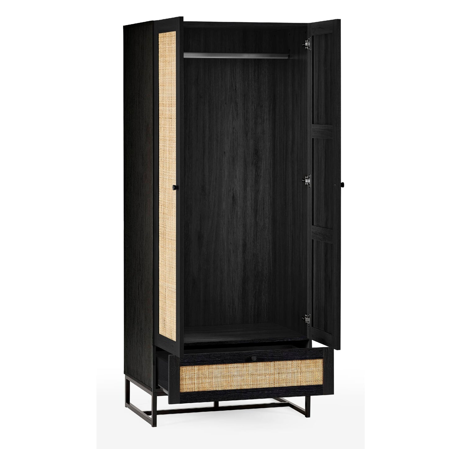 Front view studio shot of the black oak Padstow wardrobe open to show hanging space and lower storage drawer