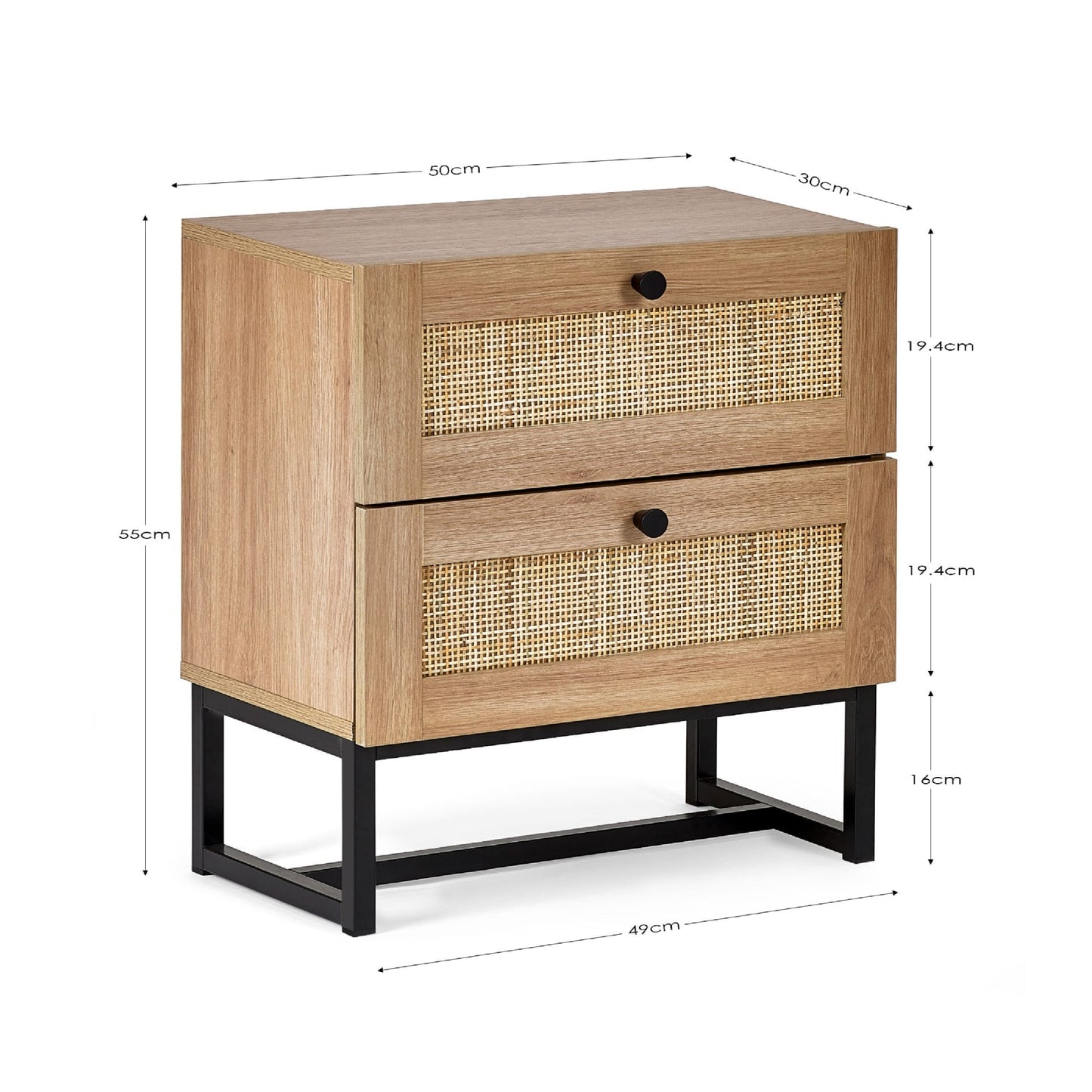 Dimension breakdown diagram for the Padstow natural oak 2 drawer rattan bedside table