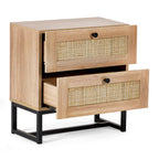 Front view studio shot of the Padstow natural oak bedside table with both drawers pulled open