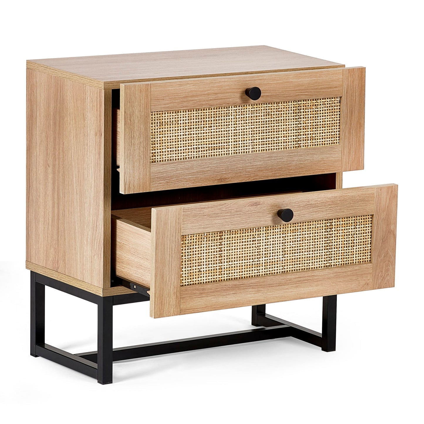 Front view studio shot of the Padstow natural oak bedside table with both drawers pulled open