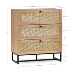 Dimension diagram for the Padstow natural oak 3 drawer rattan chest