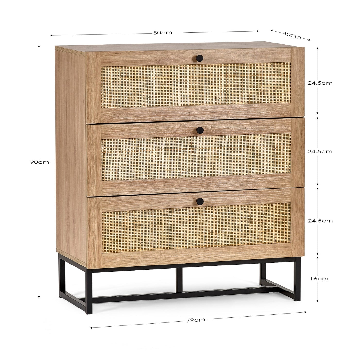 Dimension diagram for the Padstow natural oak 3 drawer rattan chest