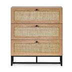 Front view studio shot of the Padstow natural oak 3 drawer chest with black metal legs