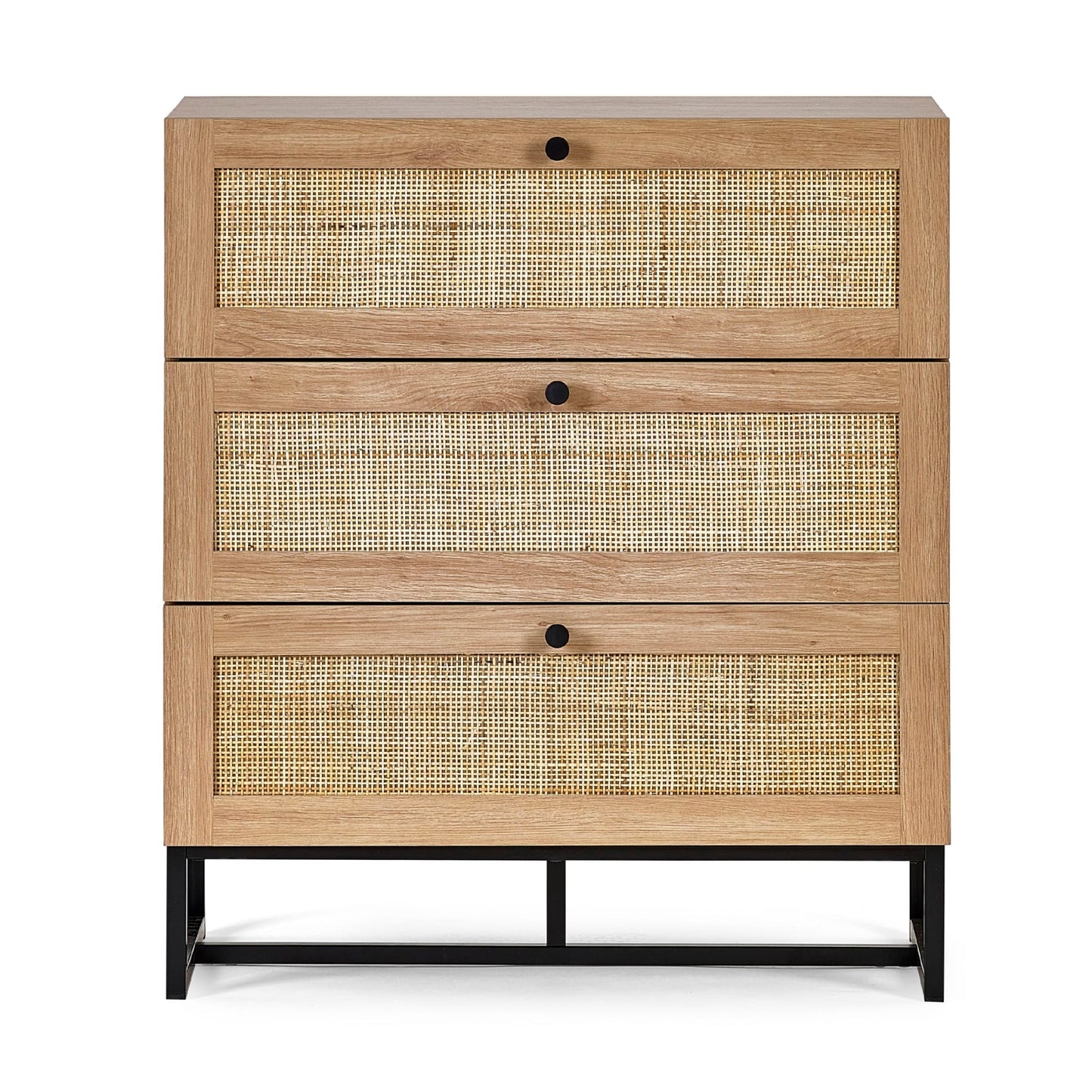 Front view studio shot of the Padstow natural oak 3 drawer chest with black metal legs