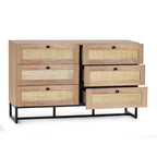Front view studio shot of the Padstow natural oak 6 drawer chest showing open storage drawers