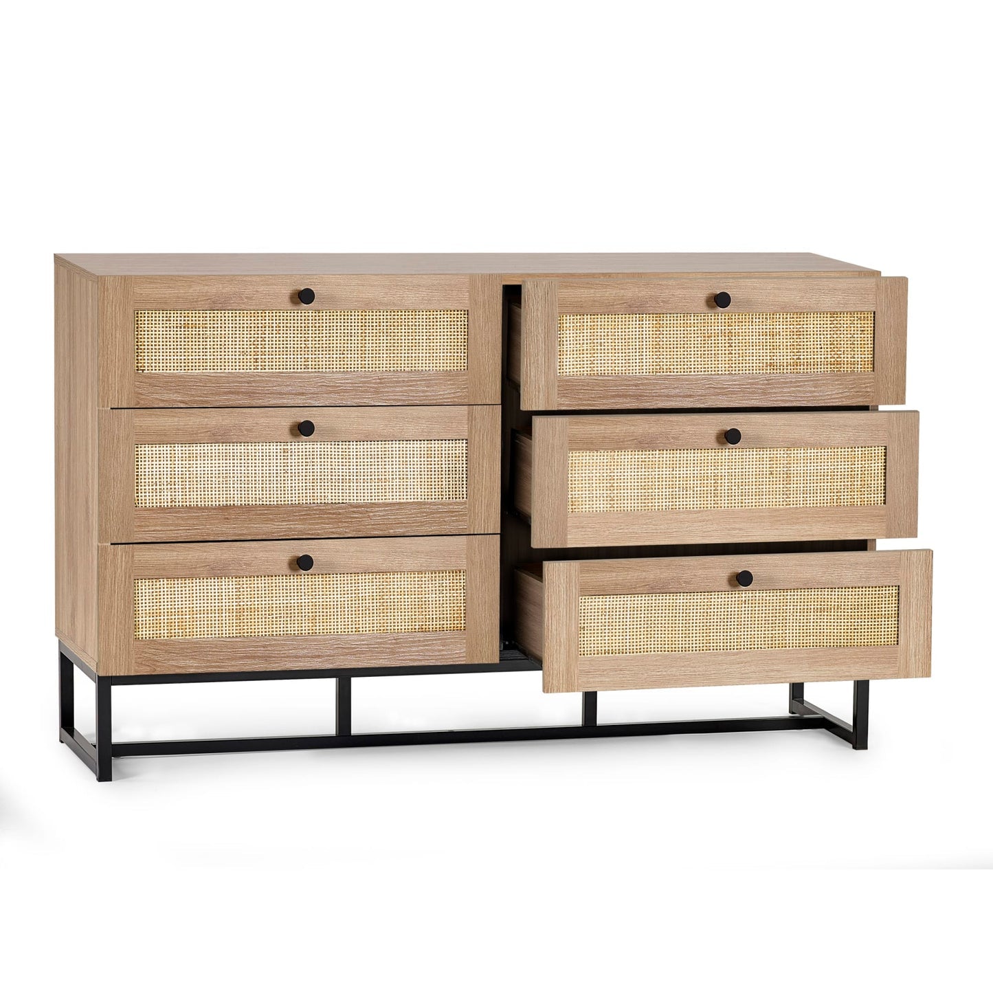 Front view studio shot of the Padstow natural oak 6 drawer chest showing open storage drawers