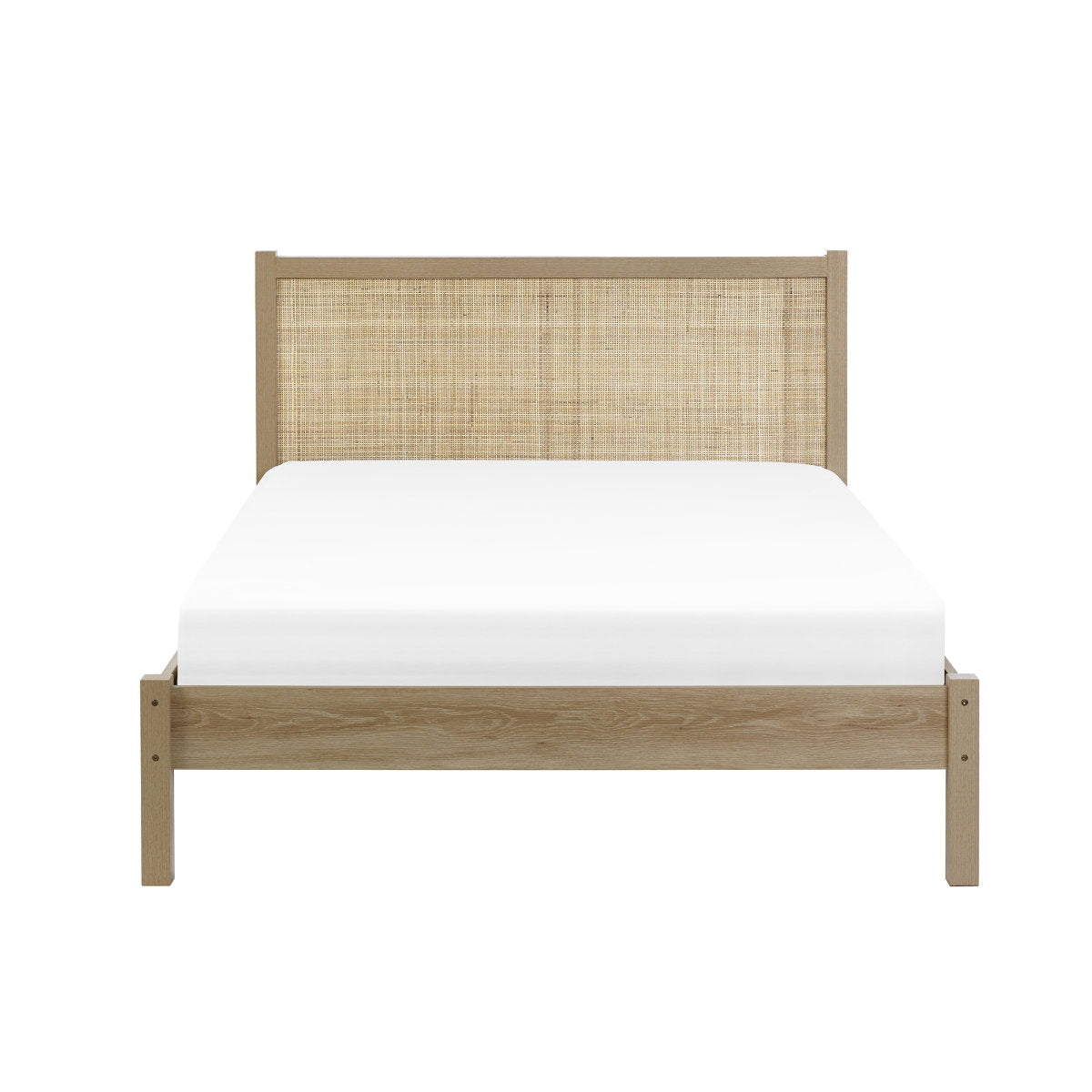 Front-facing studio shot of the Padstow oak bed frame with slatted base