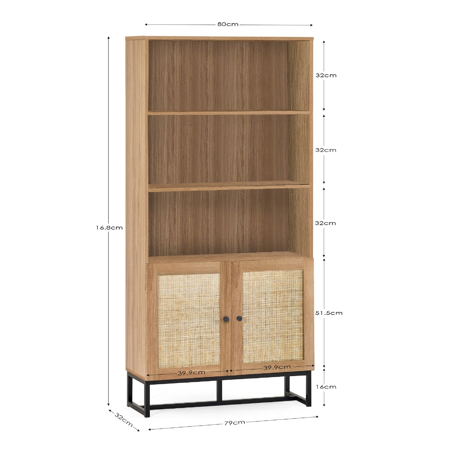 Dimension breakdown diagram for the Padstow natural oak tall rattan bookcase