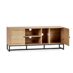 Front view studio shot of open natural oak Padstow TV unit showing internal storage and shelves