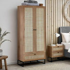 Padstow natural oak 2 door rattan wardrobe with bottom drawer styled in a modern bedroom set