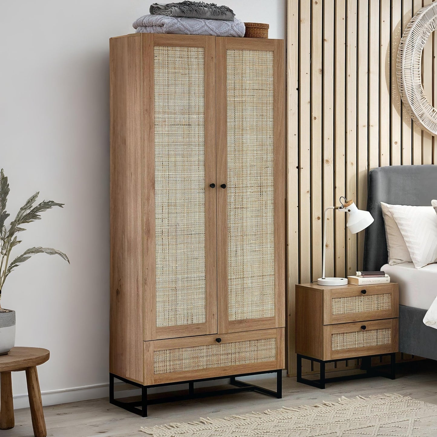 Padstow natural oak 2 door rattan wardrobe with bottom drawer styled in a modern bedroom set