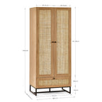 Dimension breakdown diagram for the Padstow natural oak 2 door rattan wardrobe with drawer