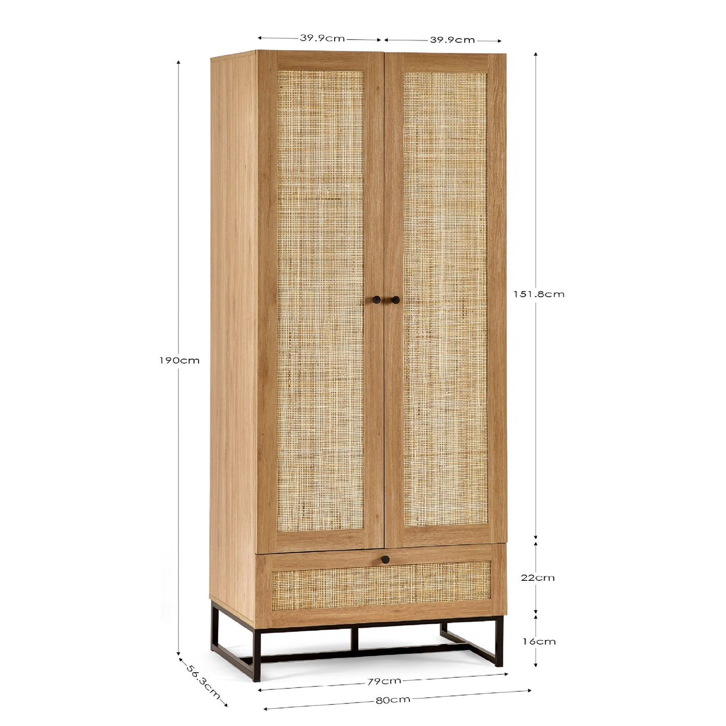 Dimension breakdown diagram for the Padstow natural oak 2 door rattan wardrobe with drawer