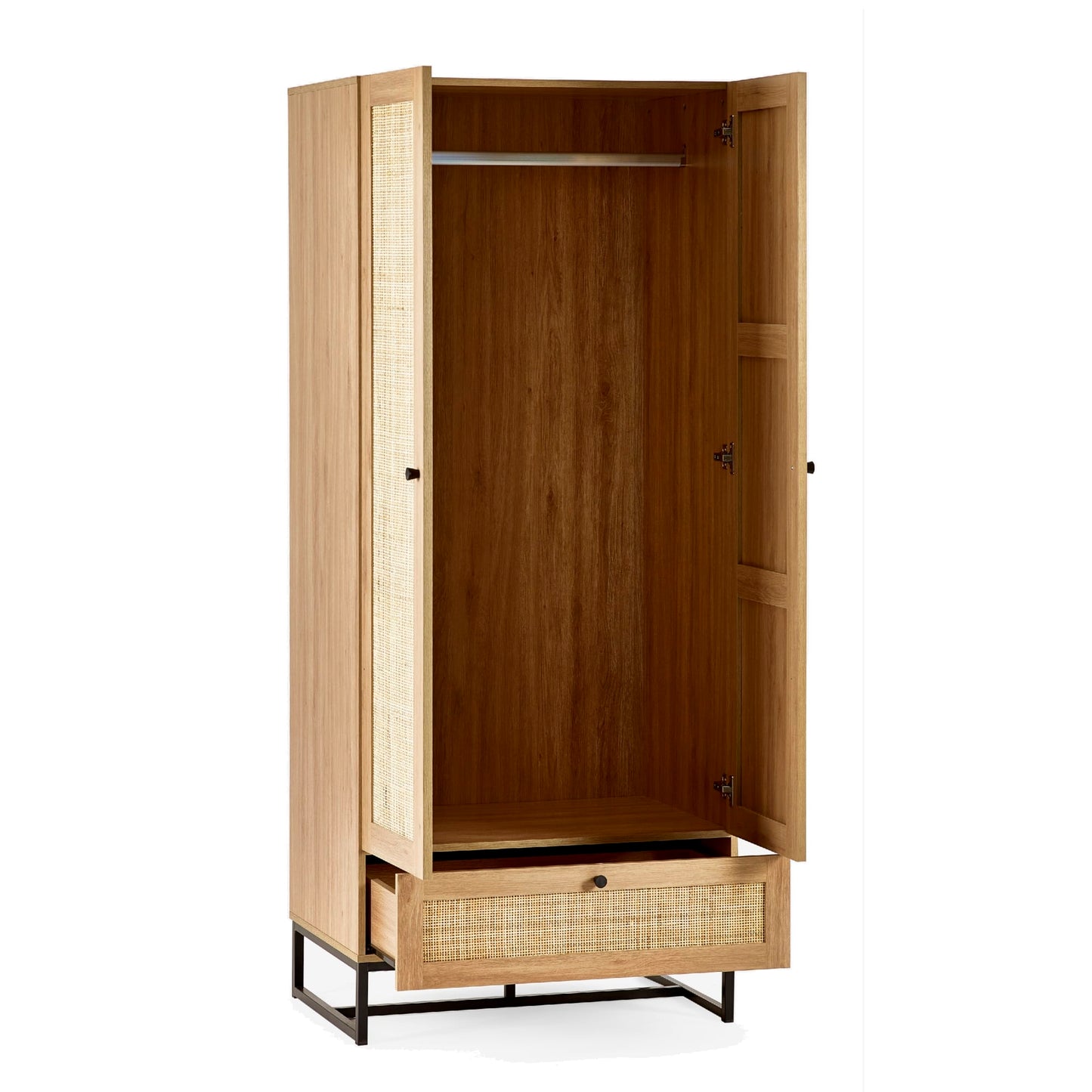 Front view studio shot of the open Padstow oak wardrobe displaying the full hanging rail and bottom drawer