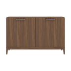 Mid-century modern style walnut Peony sideboard with four doors, featuring smooth vertical wooden slats on the two central doors and clean tapered wooden legs.