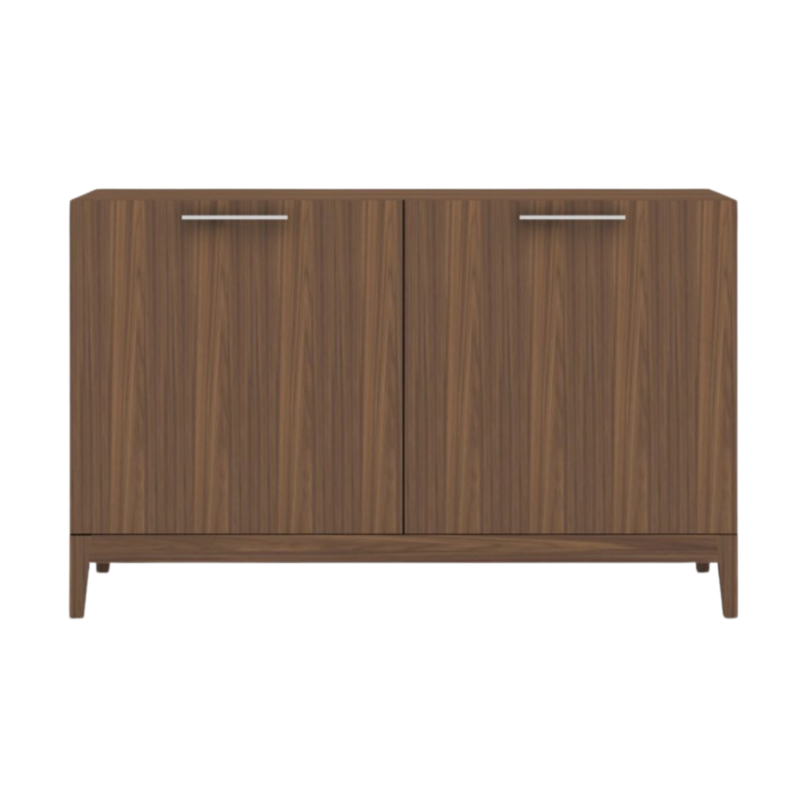 Mid-century modern style walnut Peony sideboard with four doors, featuring smooth vertical wooden slats on the two central doors and clean tapered wooden legs.
