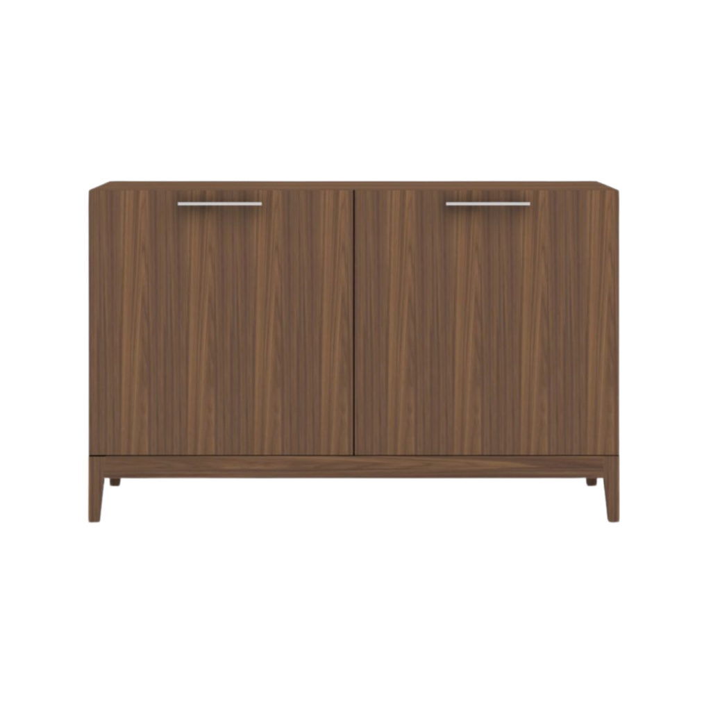 Mid-century modern style walnut sideboard with four doors, featuring smooth vertical wooden slats on the two central doors and clean tapered wooden legs.