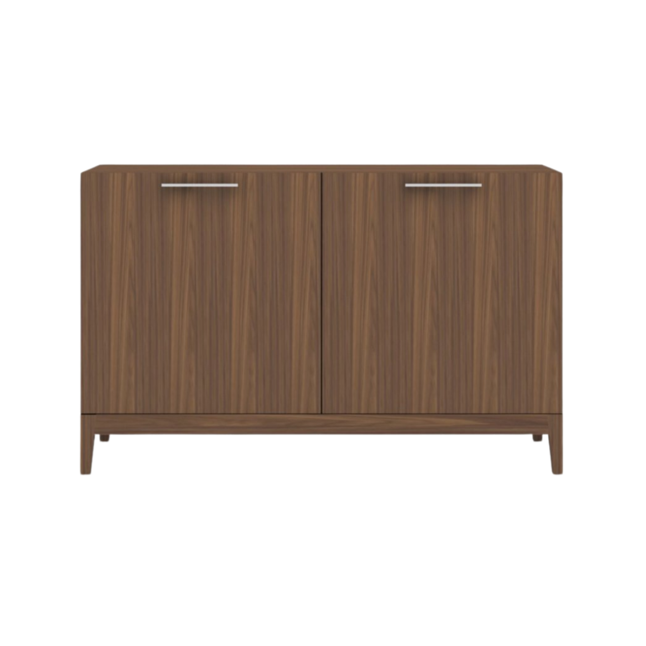 Mid-century modern style walnut sideboard with four doors, featuring smooth vertical wooden slats on the two central doors and clean tapered wooden legs.