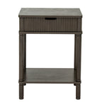 Front view showing the slender silhouette and clean profile of the reeded 1 drawer end table with bottom tier