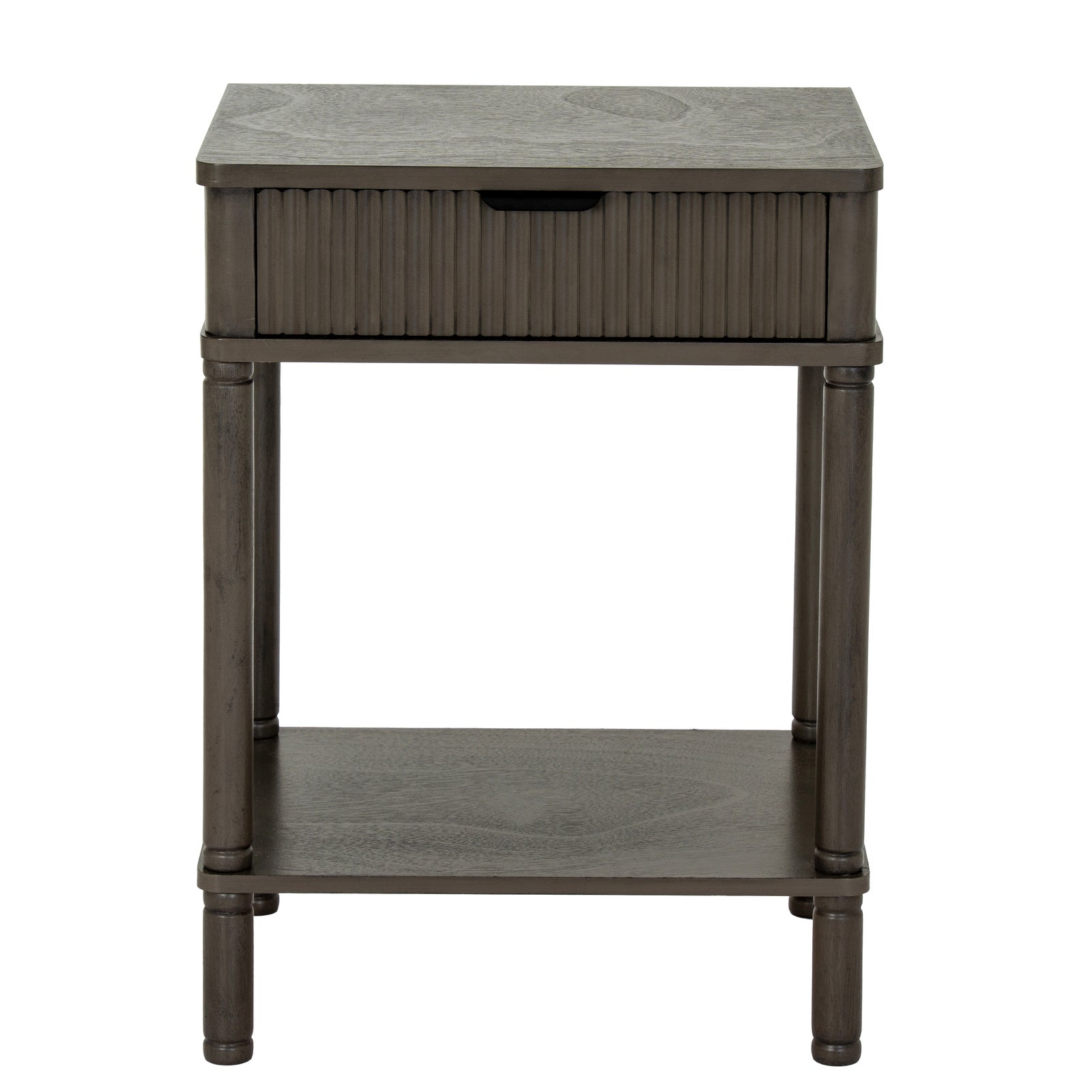 Front view showing the slender silhouette and clean profile of the reeded 1 drawer end table with bottom tier