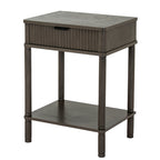 Perspective view of the dark reed fluted 1 drawer side table showing the top drawer, tall legs, and lower display shelf