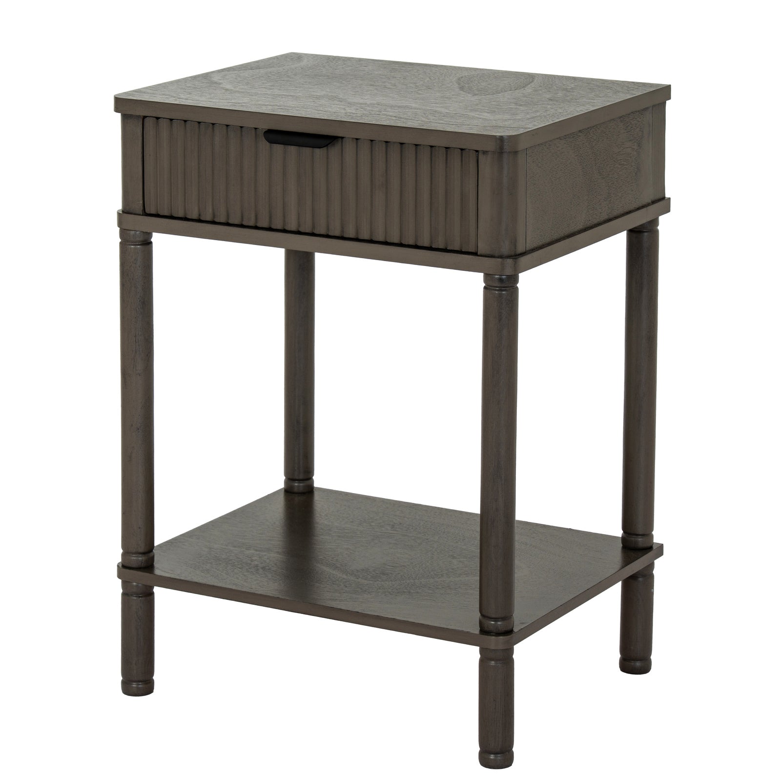 Perspective view of the dark reed fluted 1 drawer side table showing the top drawer, tall legs, and lower display shelf