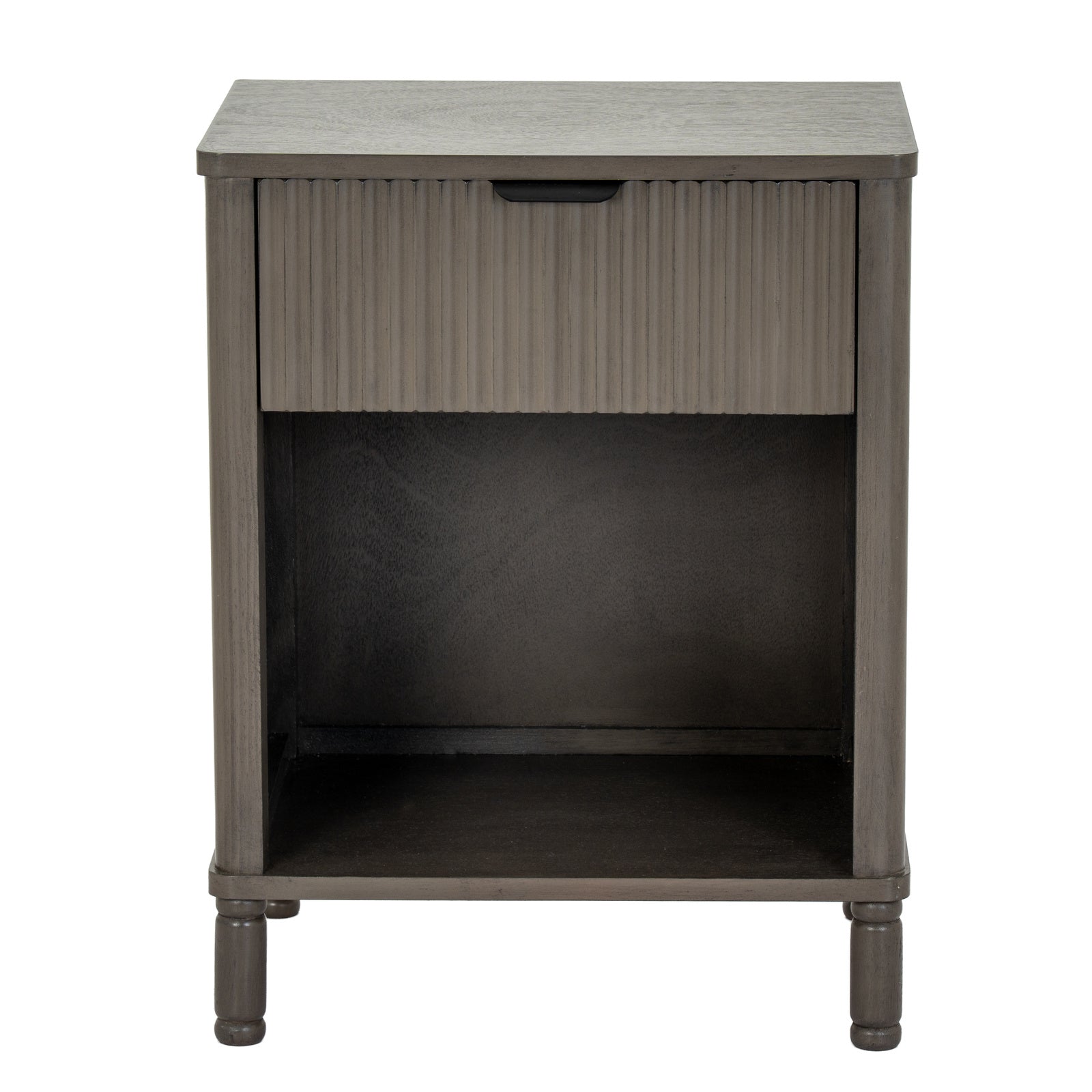 Front view showing the compact profile and turned legs of the reeded 1 drawer side table
