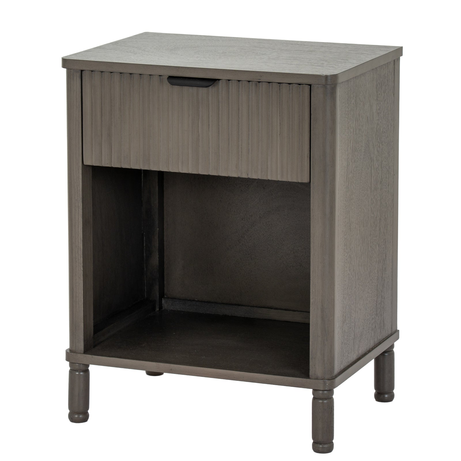 Perspective view of the dark reed fluted 1 drawer end table displaying the top drawer and lower open shelf