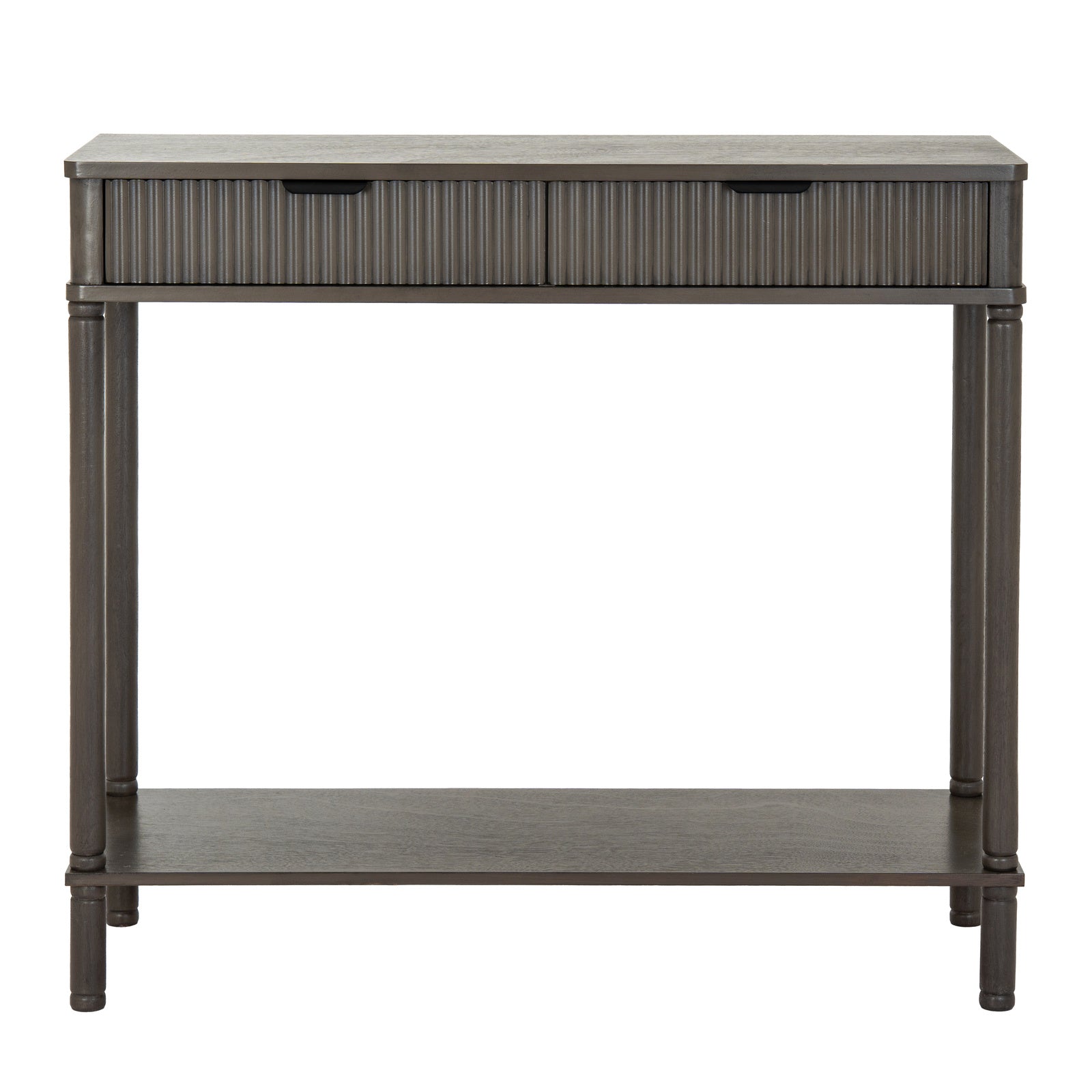 Front view showing the clean, symmetrical profile and slender leg frame of the reeded 2 drawer console table