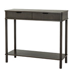 Perspective view of the slim dark reed fluted 2 drawer console table displaying the two top drawers and lower display tier