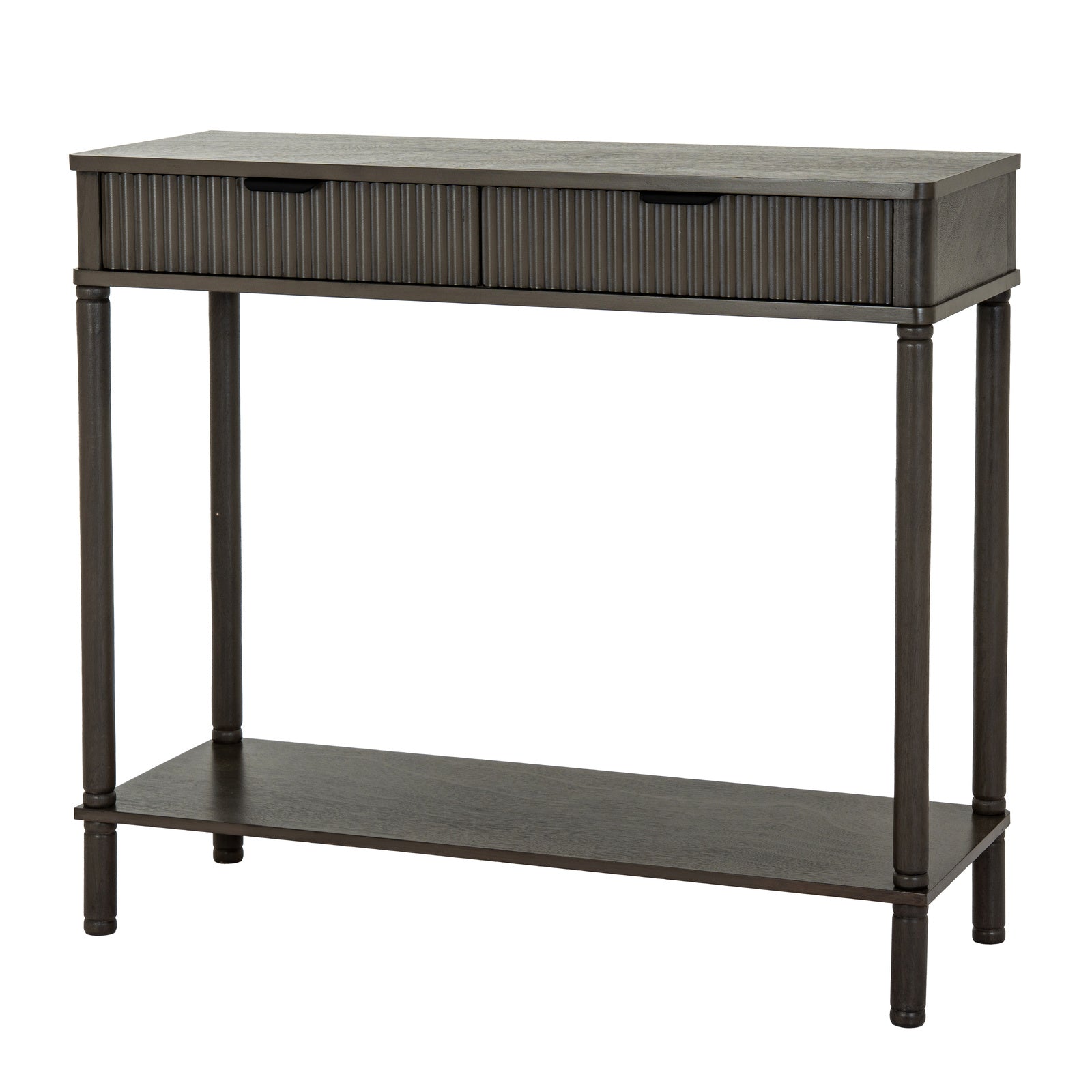 Perspective view of the slim dark reed fluted 2 drawer console table displaying the two top drawers and lower display tier