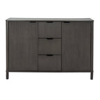Front view showing the symmetrical design of the reeded wooden cabinet with central drawers and side cupboard doors