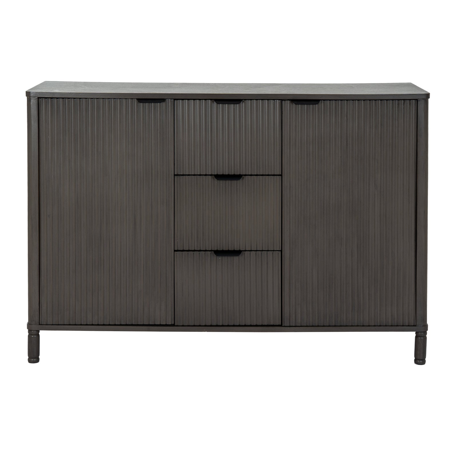 Front view showing the symmetrical design of the reeded wooden cabinet with central drawers and side cupboard doors