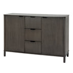 Perspective view of the dark reed fluted 3 drawer 2 door storage cabinet displaying tactile front panelling