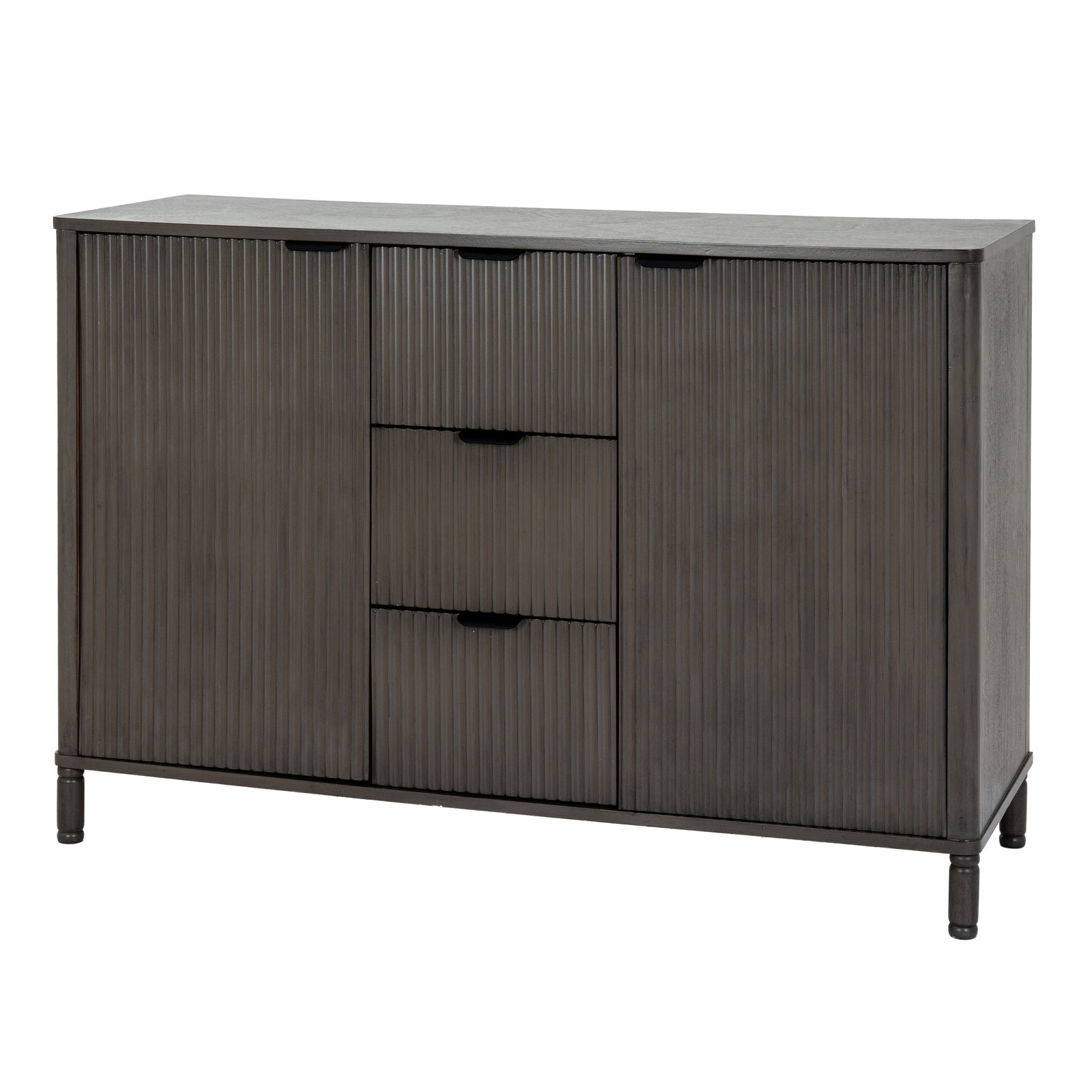 Perspective view of the dark reed fluted 3 drawer 2 door storage cabinet displaying tactile front panelling