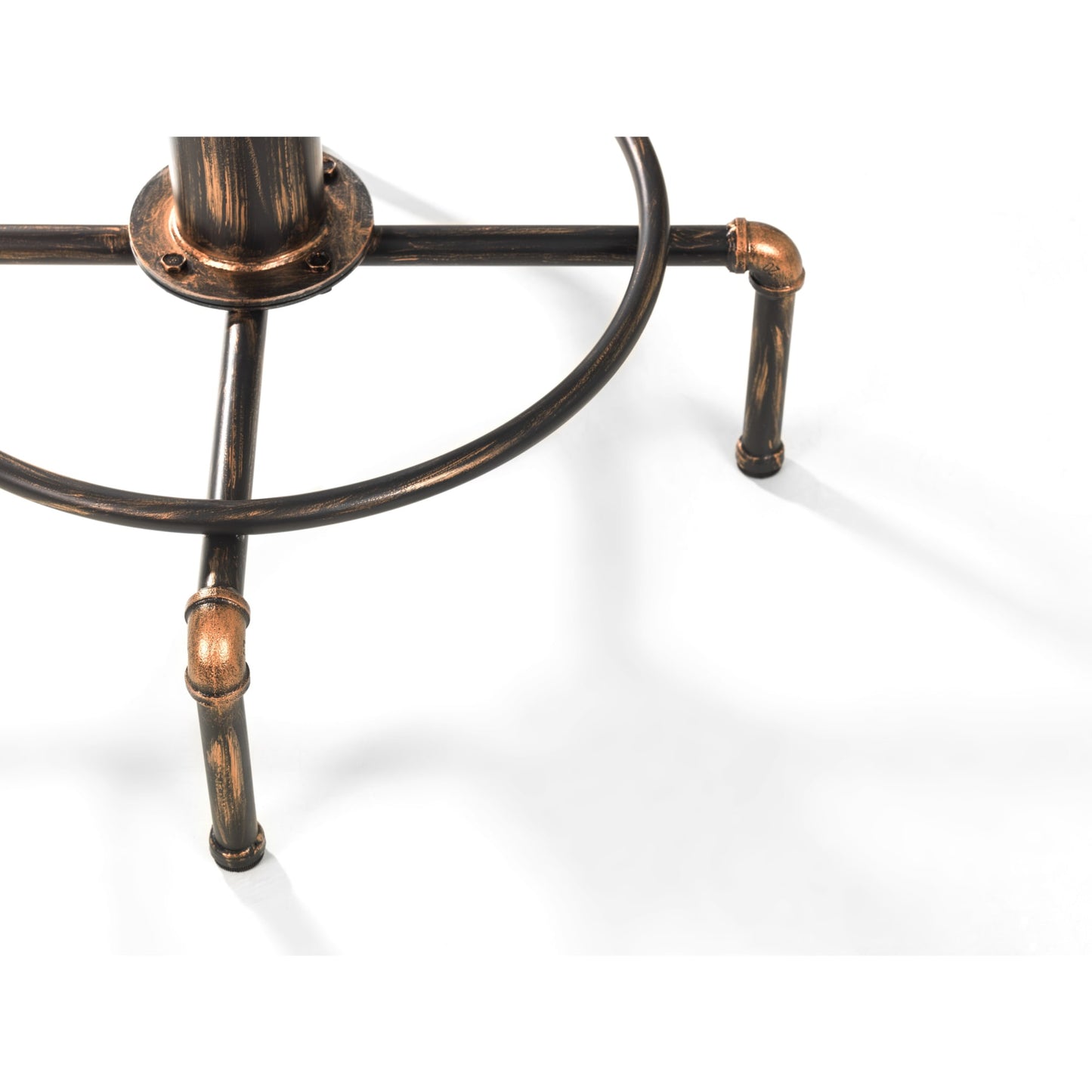 Close-up shot of the copper-rubbed metal pipe joints and integrated circular footrest base on the Rockport bar table