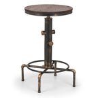 Front view showing the dark wooden tabletop, central pipe stem, and copper-brushed metal legs of the Rockport bar table