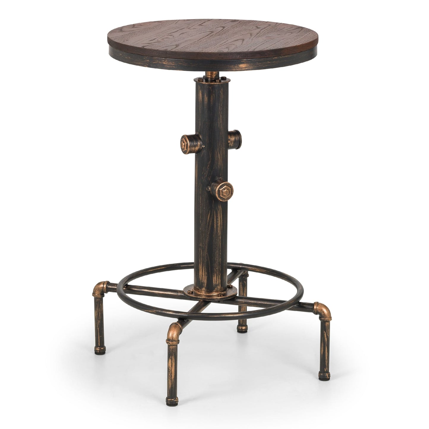 Front view showing the dark wooden tabletop, central pipe stem, and copper-brushed metal legs of the Rockport bar table