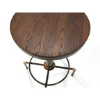 Top angle view displaying the dark wood grain tabletop surface and pipework base on the Rockport bar table