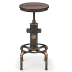 Front view showing the round wooden seat and copper-highlighted metal pipe legs of the Rockport barstool
