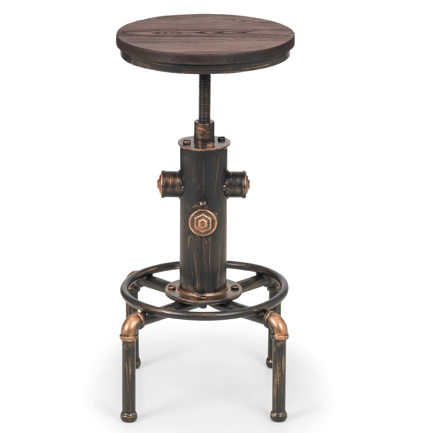 Front view showing the round wooden seat and copper-highlighted metal pipe legs of the Rockport barstool