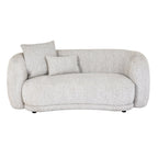 Front elevation view of the cream Sorelle boucle 2 seater sofa showing its organic curved frame and matching scatter cushions