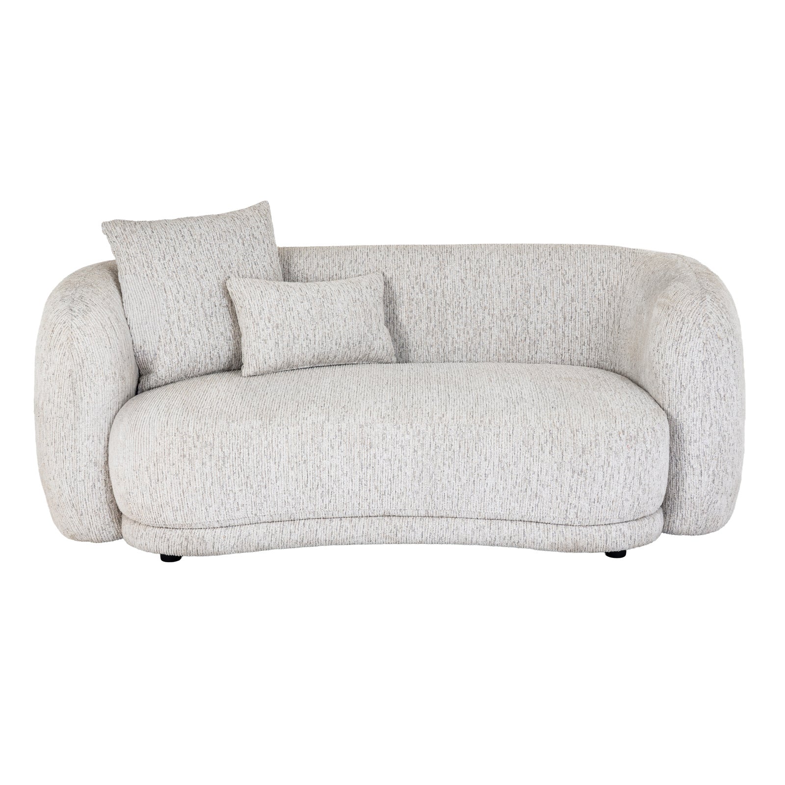 Front elevation view of the cream Sorelle boucle 2 seater sofa showing its organic curved frame and matching scatter cushions