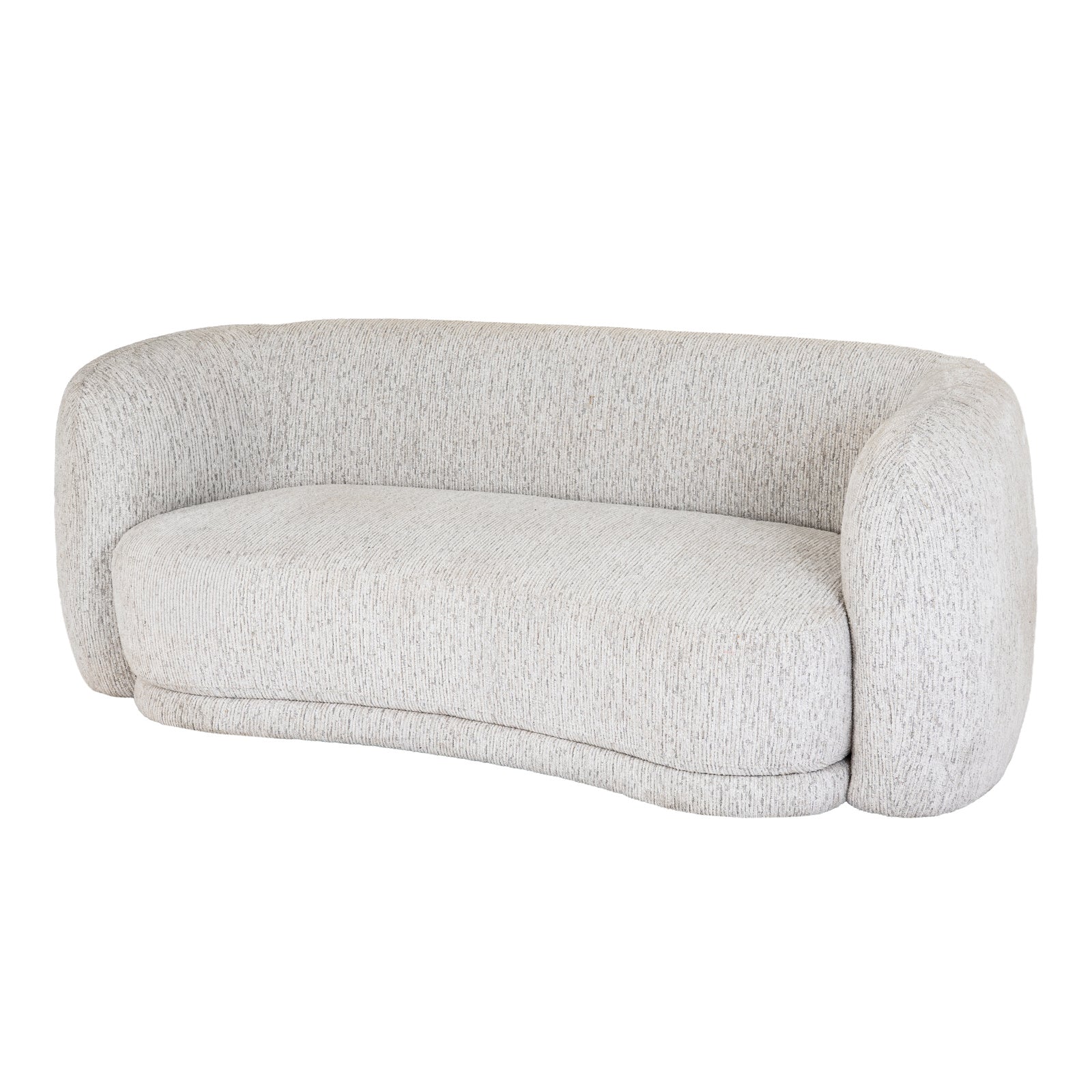 Perspective view highlighting the soft rounded armrests and low-profile backrest of the Sorelle boucle 2 seater sofa