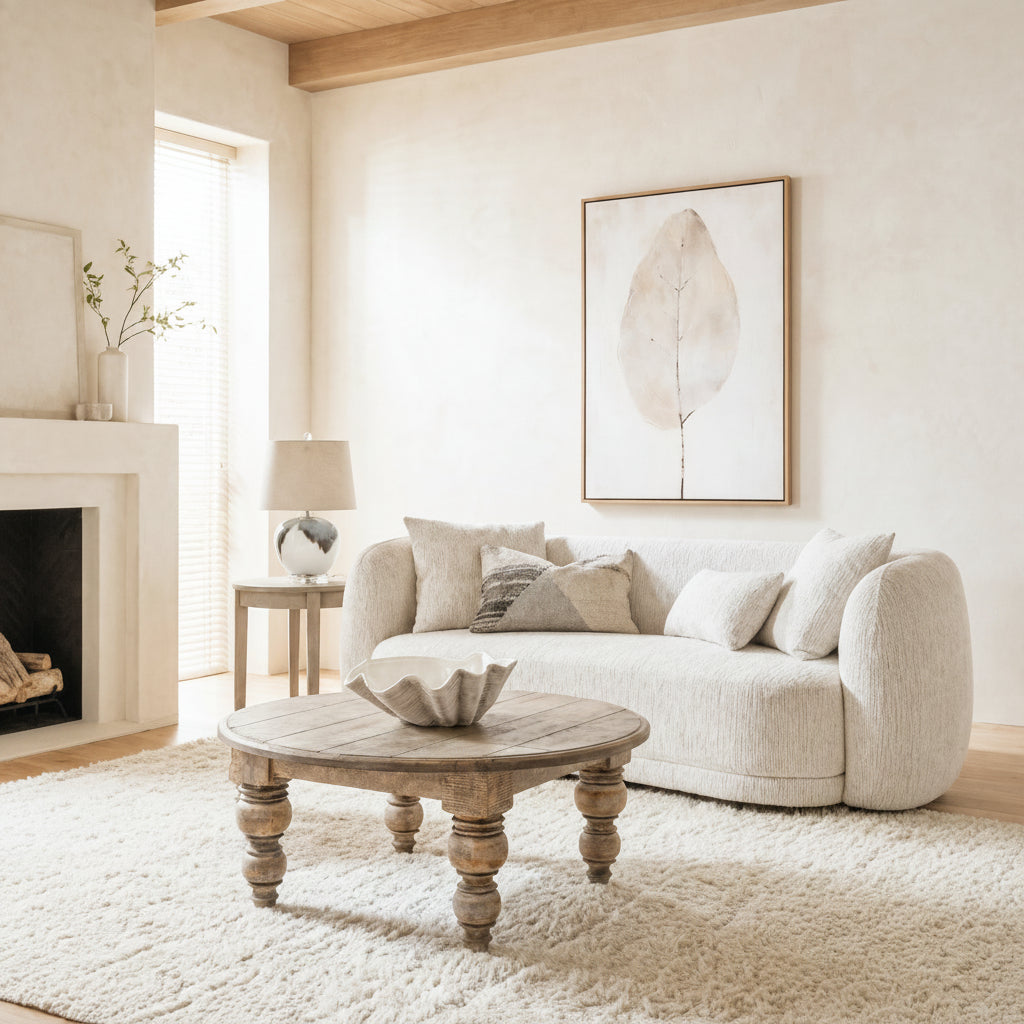 Sorelle boucle 2 seater sofa with cushions styled in a contemporary living room around a rustic wooden round coffee table and plush rug