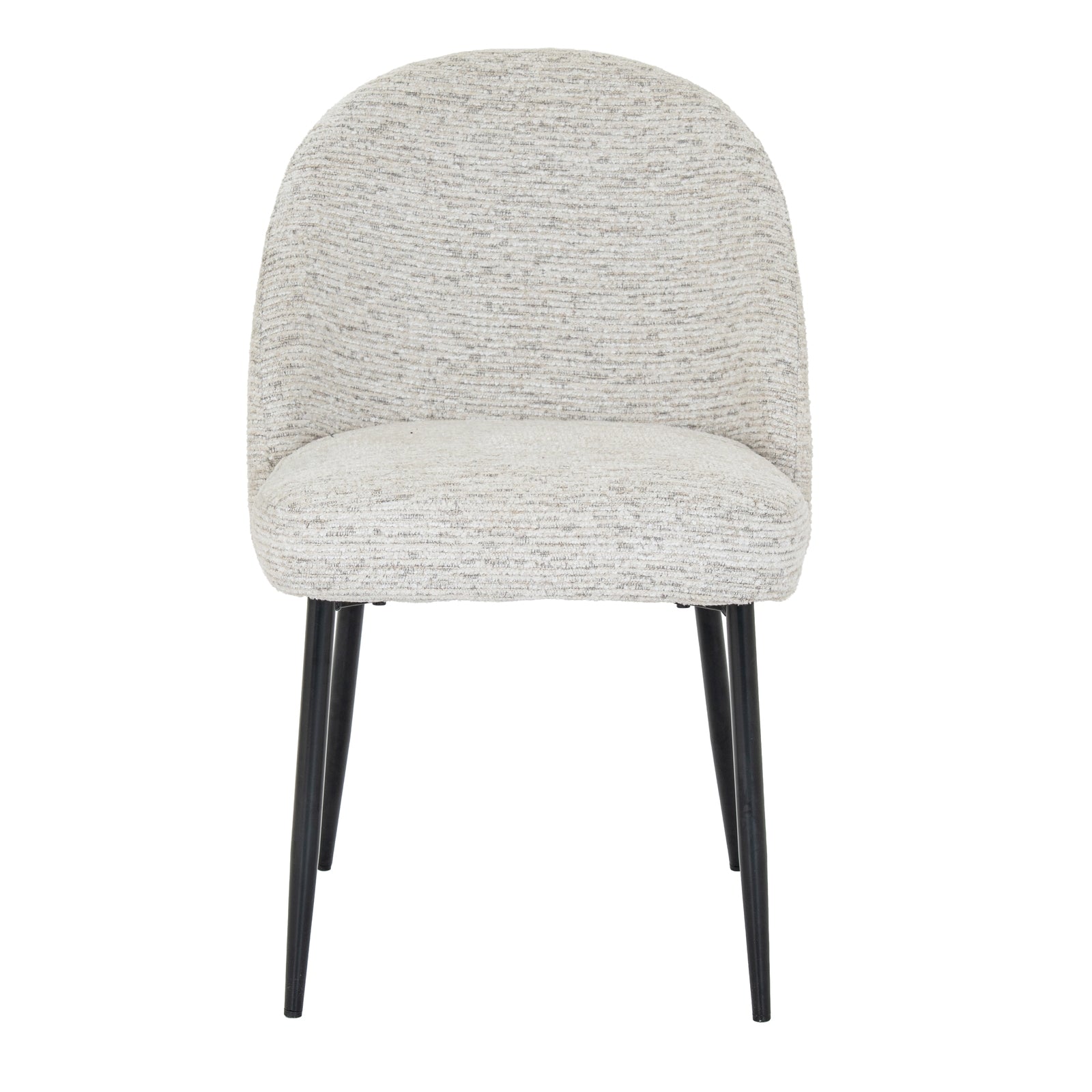 Front view showing the rounded backrest and black metal tapered legs of the Sorelle boucle dining chair
