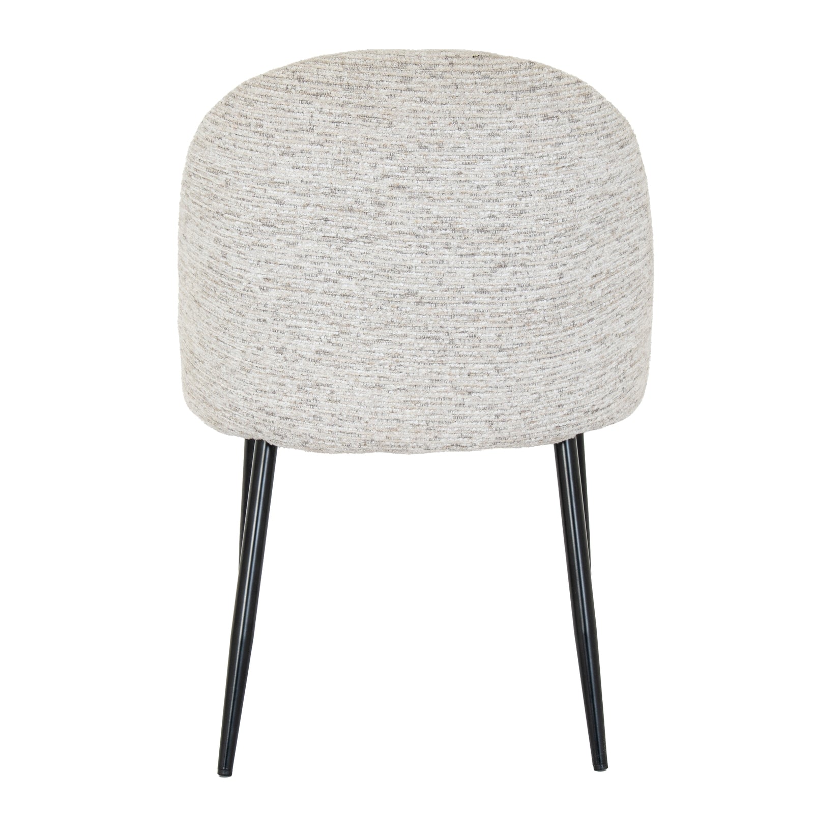 Rear view displaying the curved back silhouette and black metal leg frame on the Sorelle dining chair