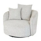 Front view showing the sculptural curved frame and plush seat cushion of the white Sorelle boucle swivel chair