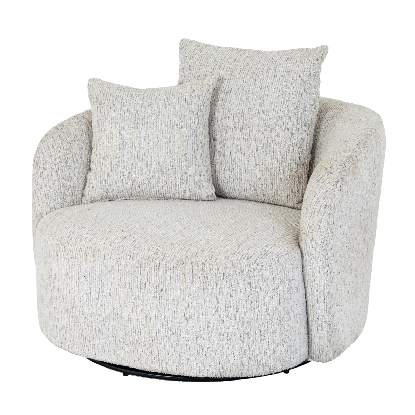 Front view showing the sculptural curved frame and plush seat cushion of the white Sorelle boucle swivel chair