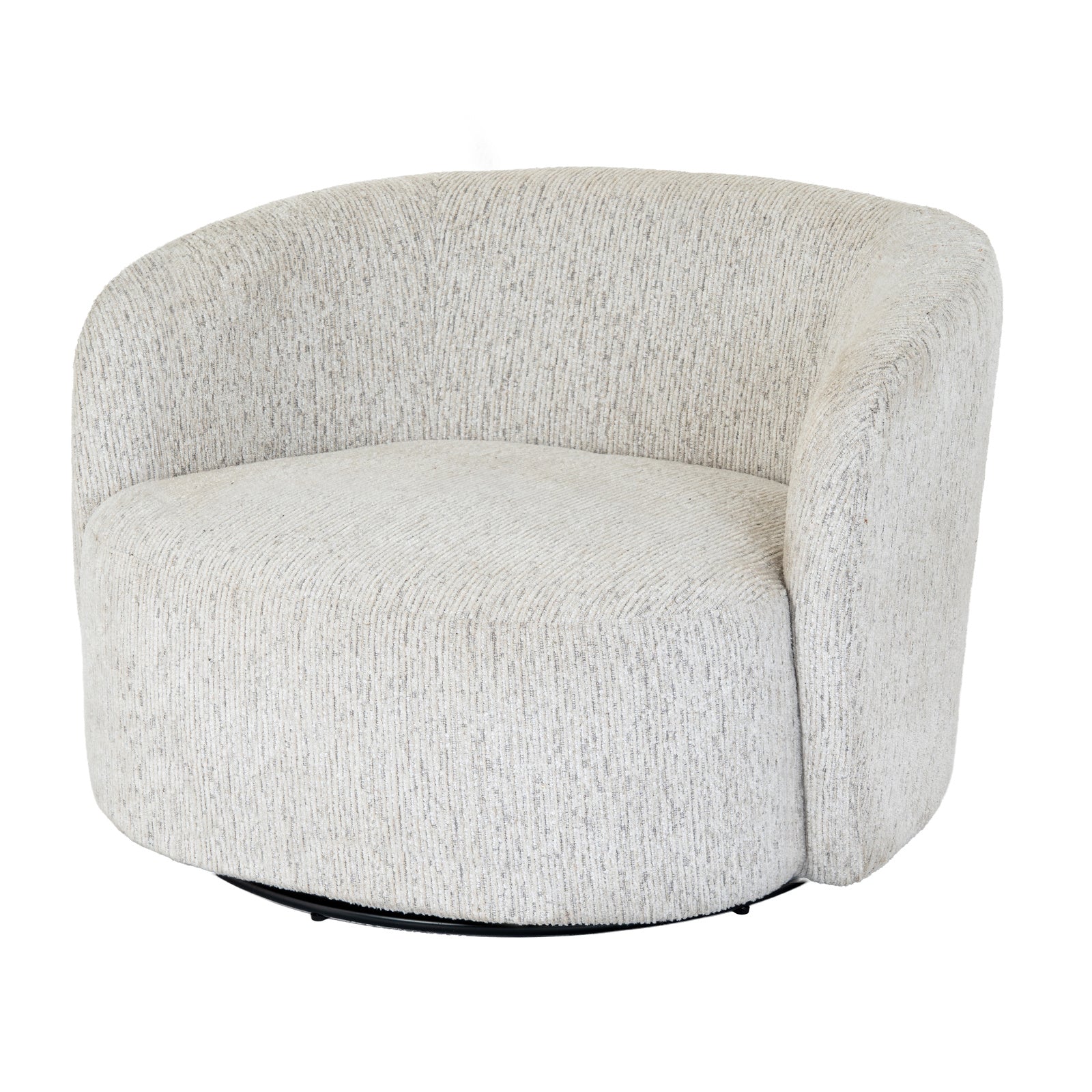Side view highlighting the smooth continuous curves and integrated swivel base on the Sorelle accent chair